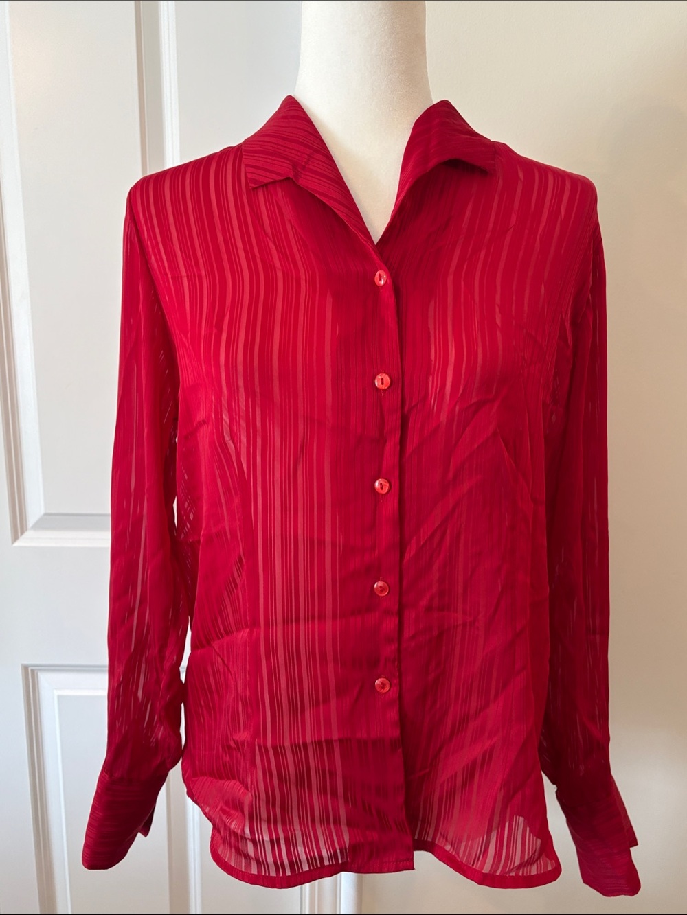 Karen Scott Classic Sheer Red Button-Down Blouse w/ Shadow Stripe Texture Size M